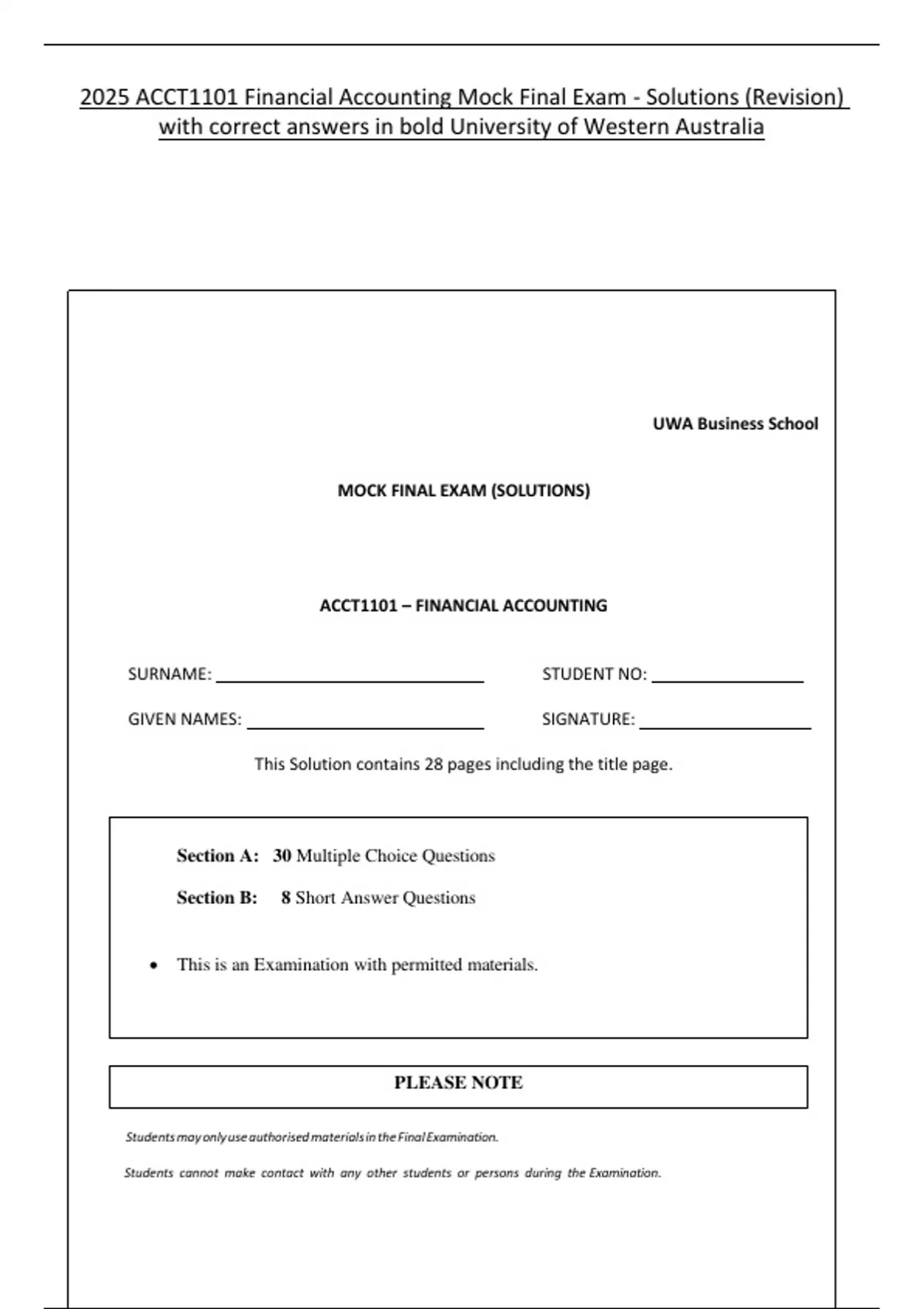 2025 ACCT1101 Financial Accounting Mock Final Exam - Solutions ...
