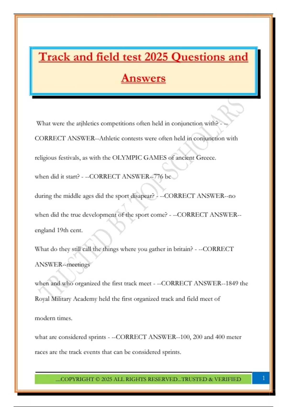 Track and field test 2025 Questions and Answers - Track & Field - Stuvia US