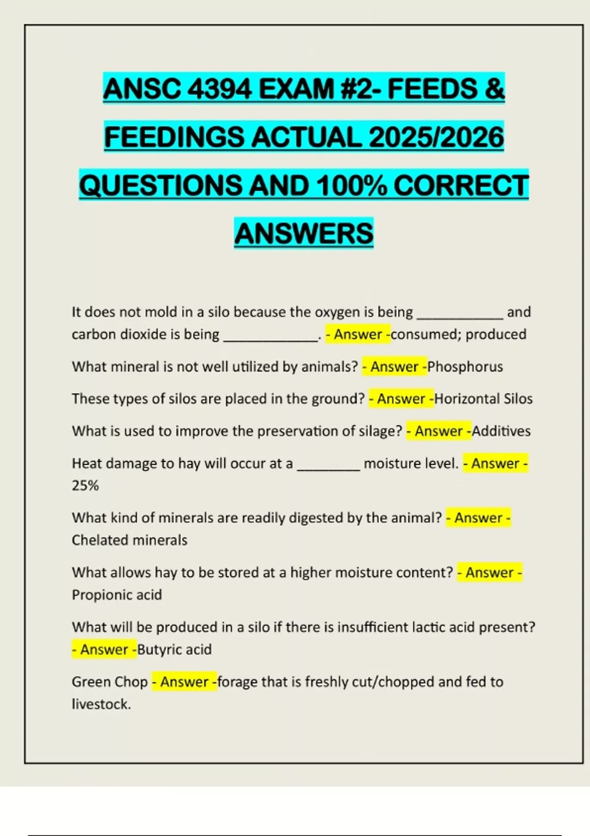 ANSC 4394 EXAM #2- FEEDS & FEEDINGS ACTUAL 2025/2026 QUESTIONS AND 100% ...