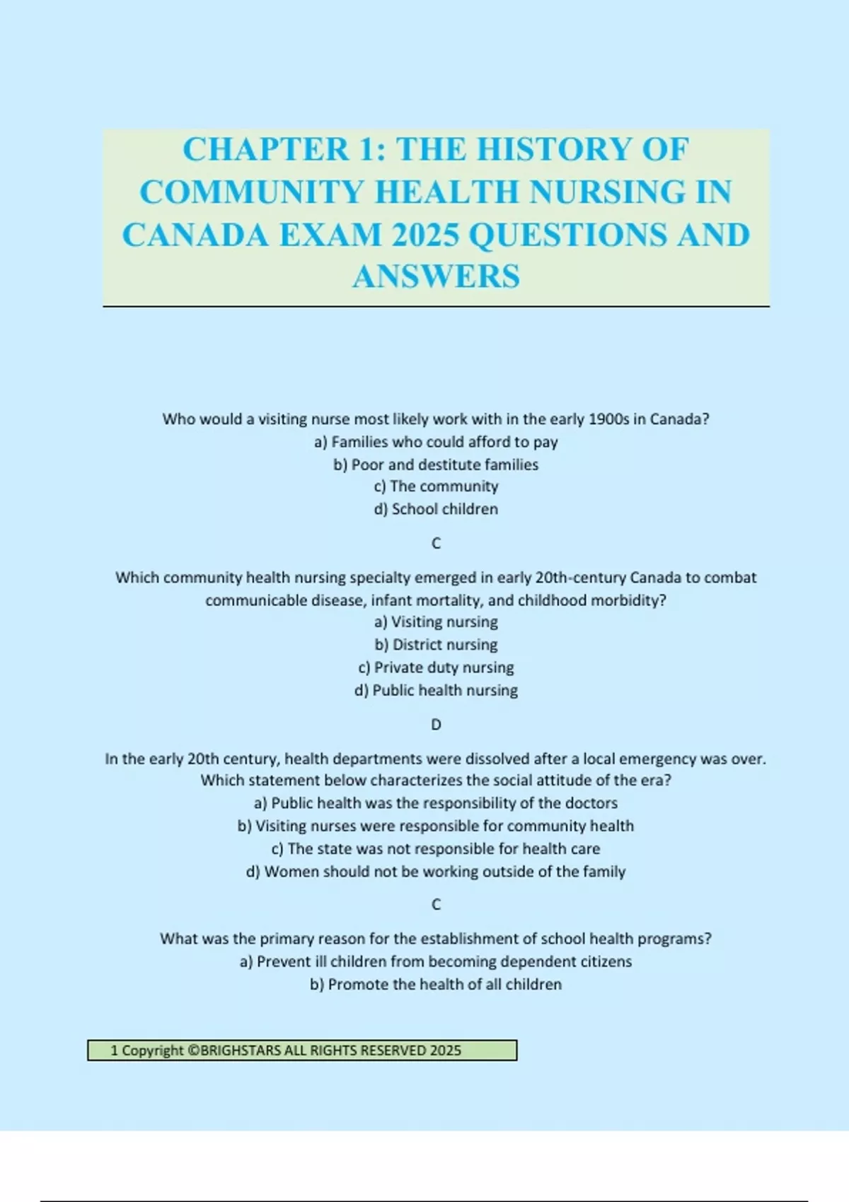 CHAPTER 1: THE HISTORY OF COMMUNITY HEALTH NURSING IN CANADA EXAM 2025 ...