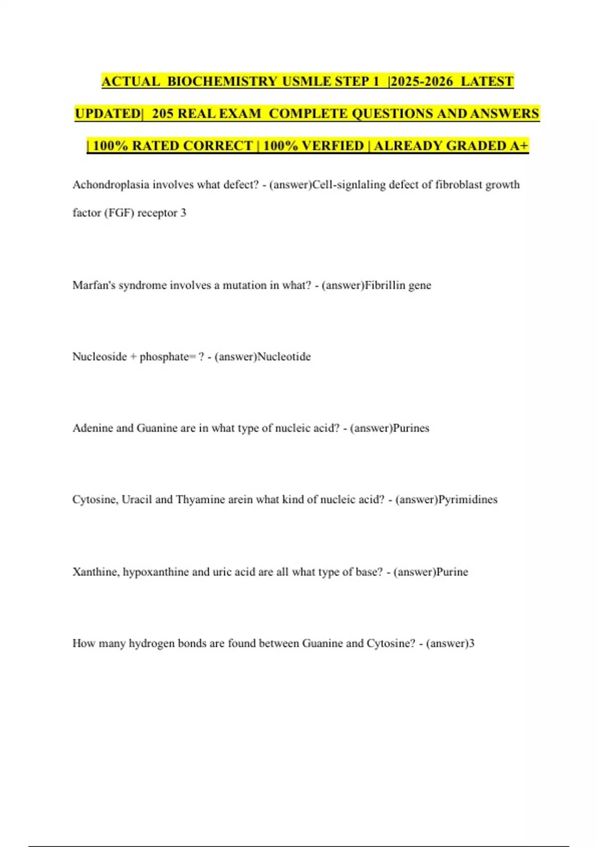 ACTUAL BIOCHEMISTRY USMLE STEP 1 | LATEST UPDATED| 205 REAL EXAM ...