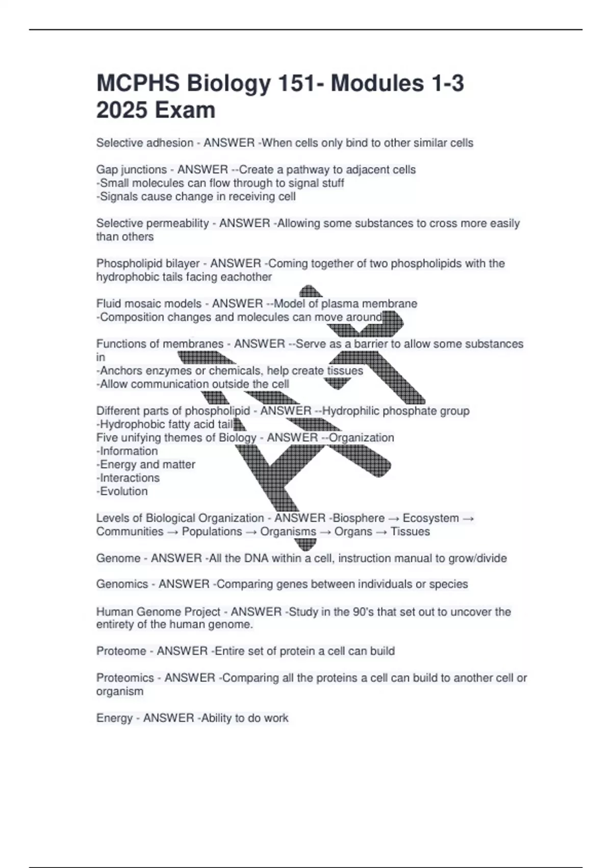 MCPHS Biology 151- Modules 1-3 2025 Exam with correct questions and ...