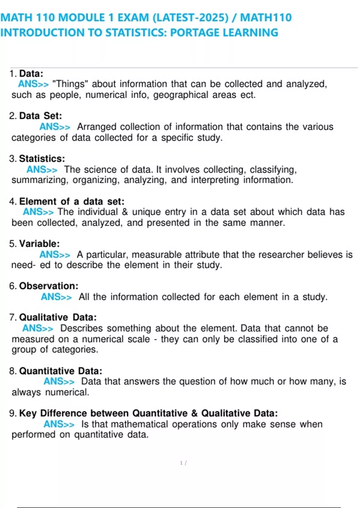 MATH 110 Module 1 Exam (Latest-2025) / MATH110 Introduction to ...