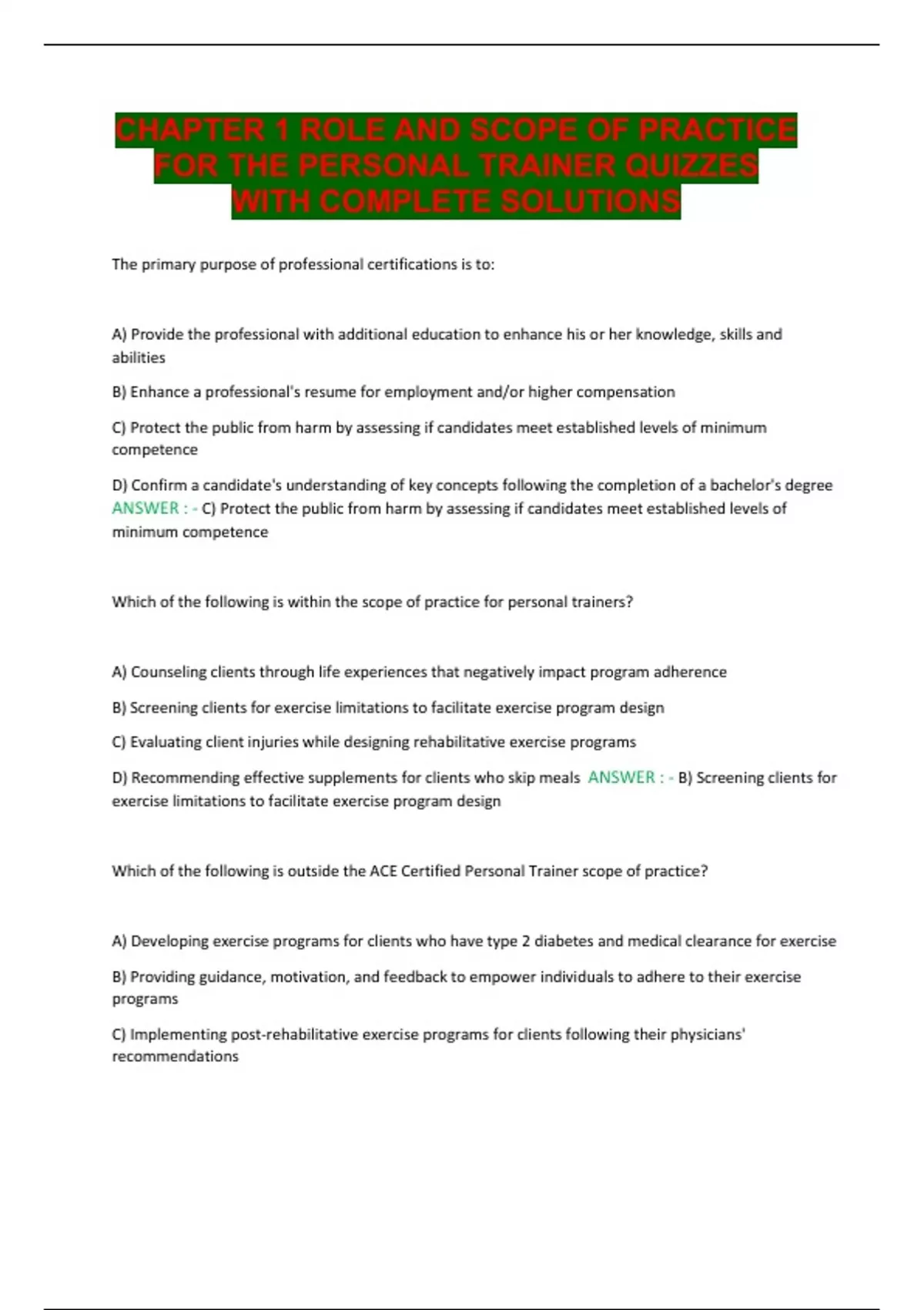 CHAPTER 1 ROLE AND SCOPE OF PRACTICE FOR THE PERSONAL TRAINER QUIZZES ...