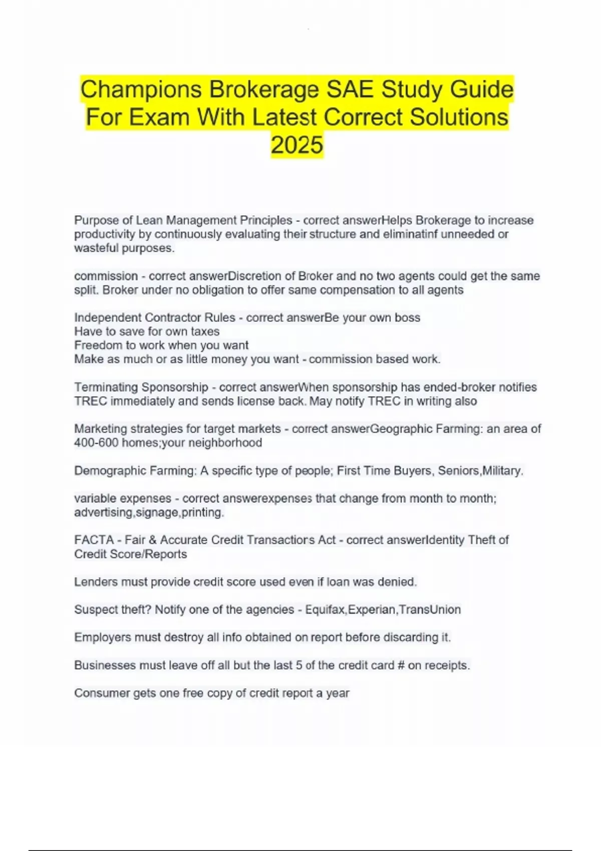 Champions Brokerage SAE Study Guide For Exam With Latest Correct ...