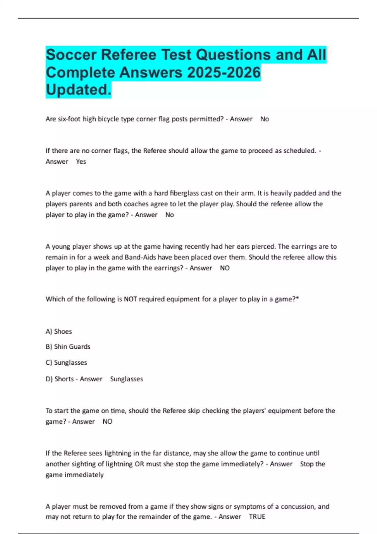 Soccer Referee Test Questions and All Complete Answers Updated. - Recertifying Grassroots ...