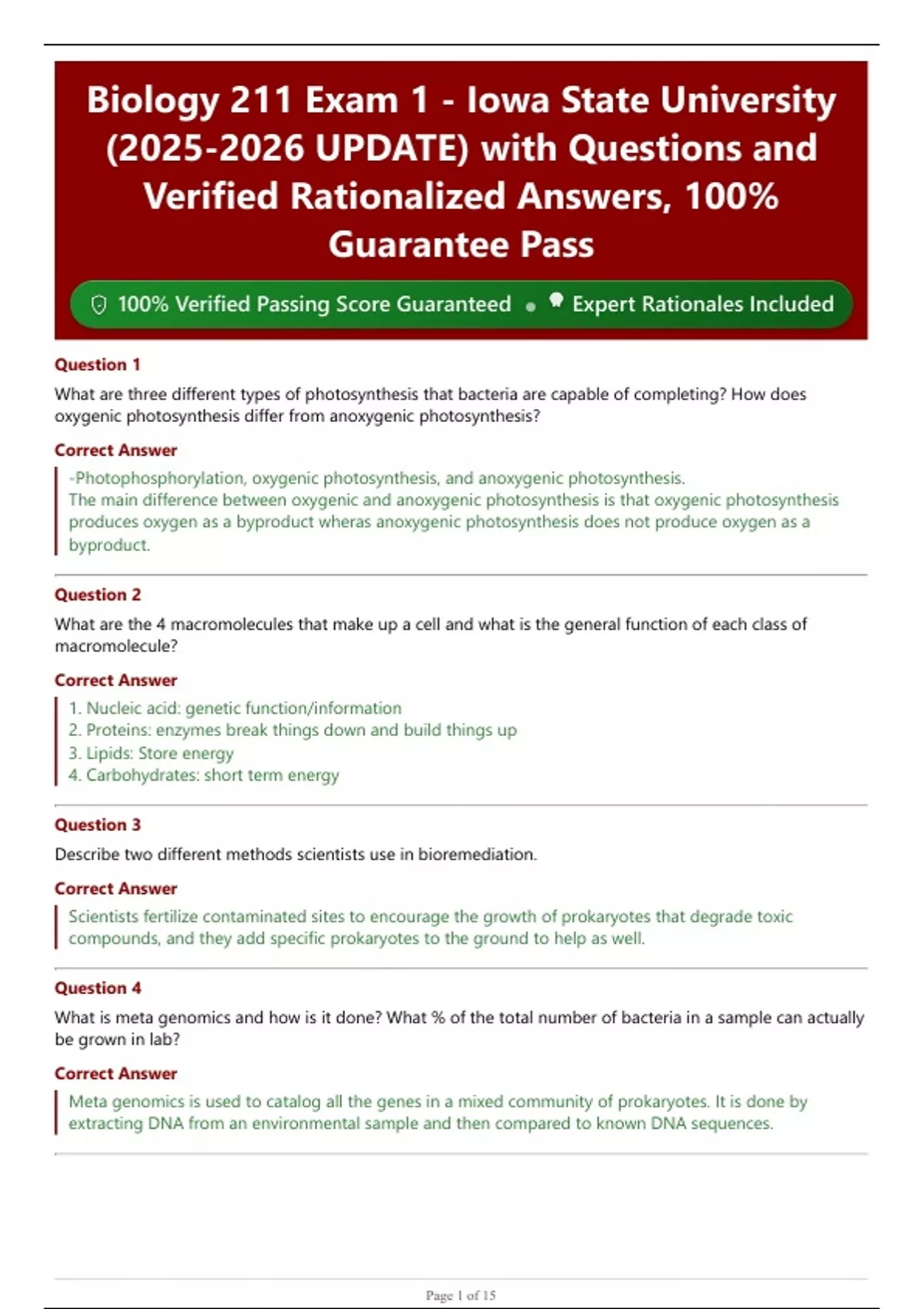 Biology 211 Exam 1 - Iowa State University ( UPDATE) with Questions and ...