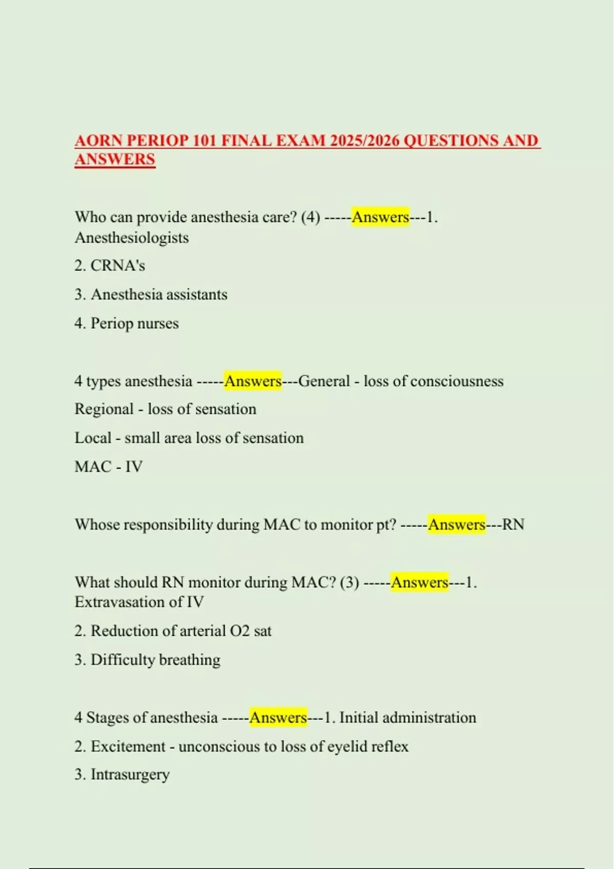 AORN PERIOP 101 FINAL EXAM 2025/2026 QUESTIONS AND ANSWERS - AORN Preop ...