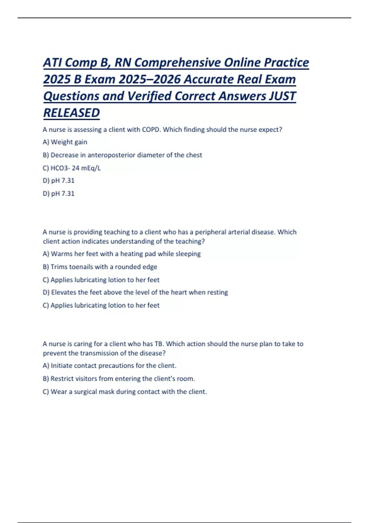 ATI Comp B, RN Comprehensive Online Nursing Practice 2025 B Exam – Real ...