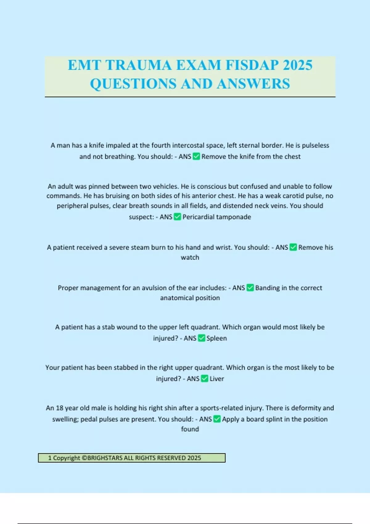 EMT TRAUMA EXAM FISDAP 2025 QUESTIONS AND ANSWERS - EMT - Stuvia US