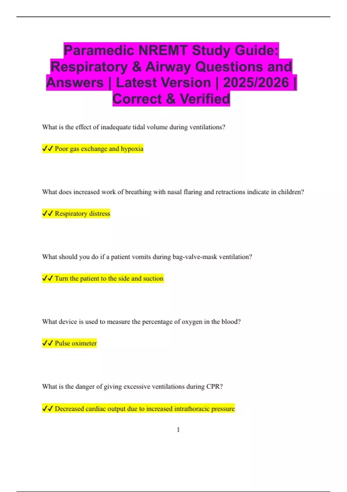 Paramedic NREMT Study Guide: Respiratory & Airway Questions and Answers ...