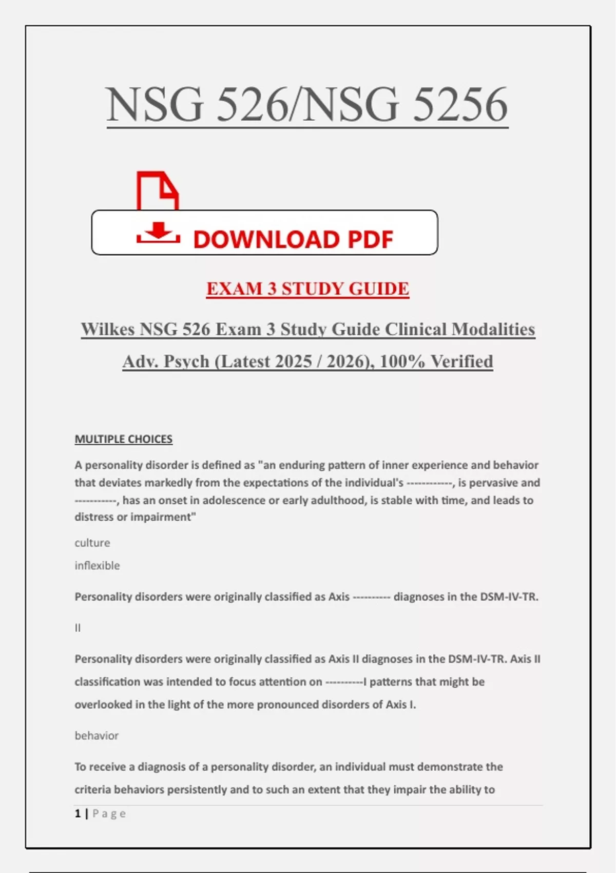 Wilkes NSG 526 Exam 3 Study Guide Clinical Modalities Adv. Psych ...