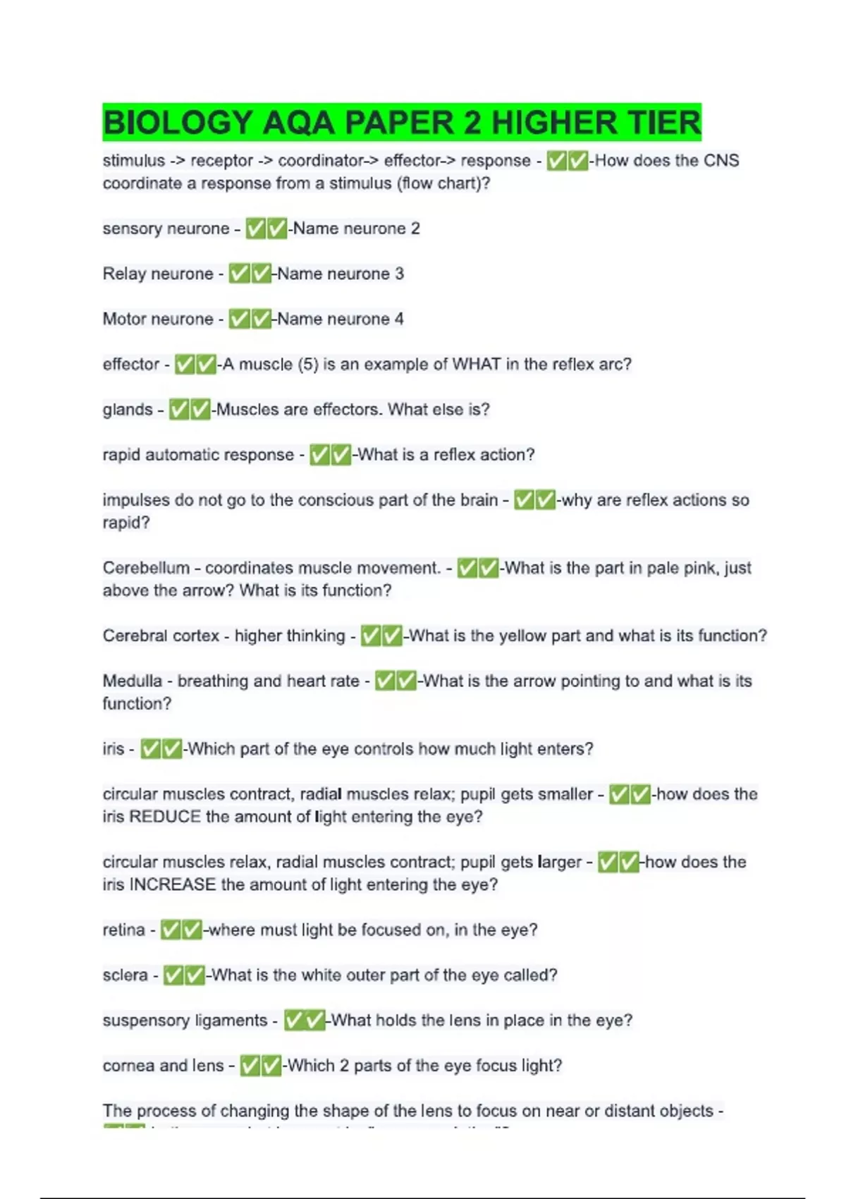 BIOLOGY AQA PAPER 2 HIGHER TIER Review Questions and Answers Solved 100 ...