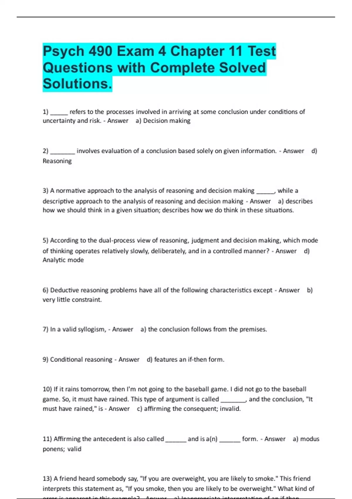 Psych 490 Exam 4 Chapter 11 Test Questions with Complete Solved ...