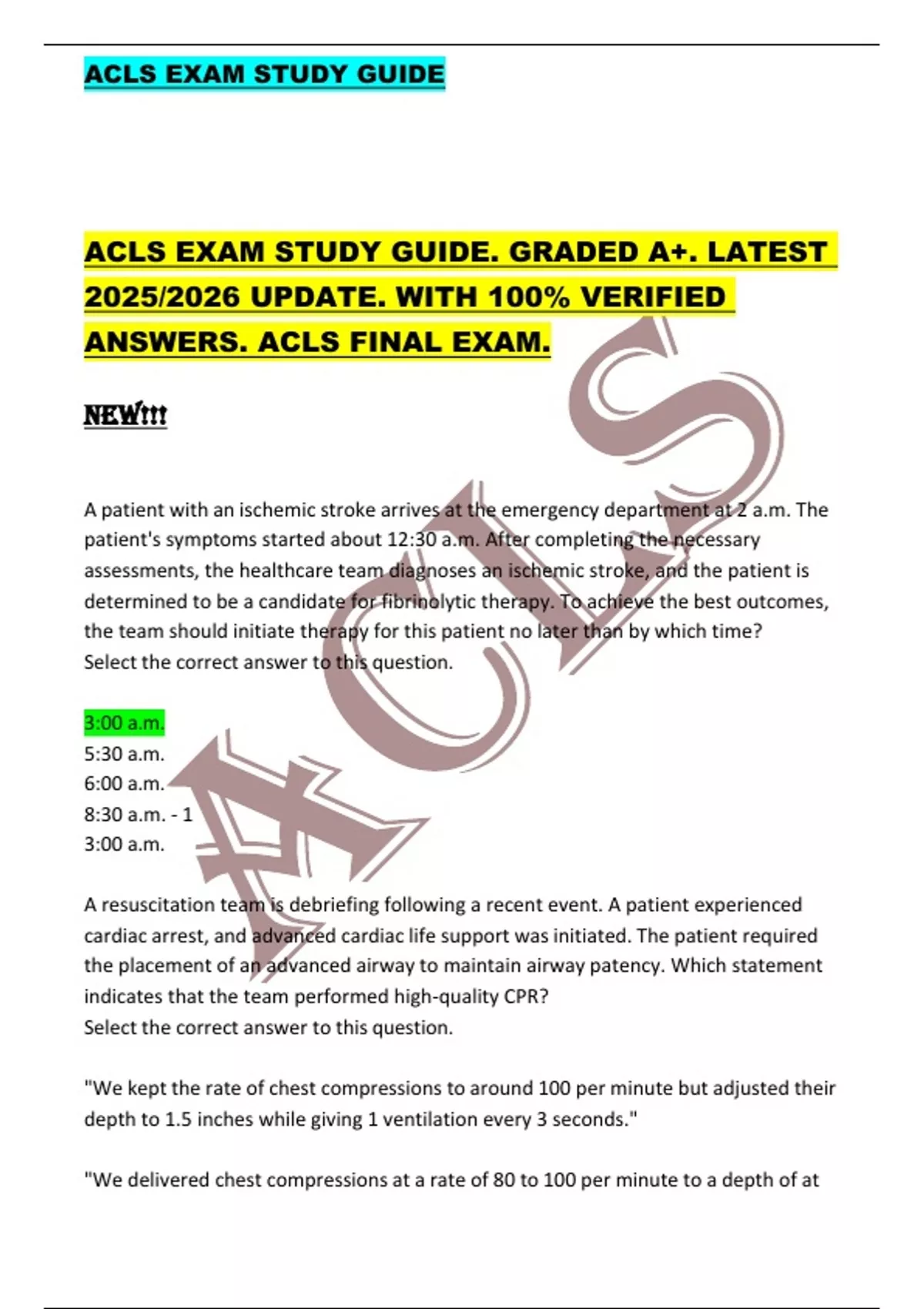 ACLS EXAM STUDY GUIDE. GRADED A+. LATEST 2025/2026 UPDATE. WITH 100% ...