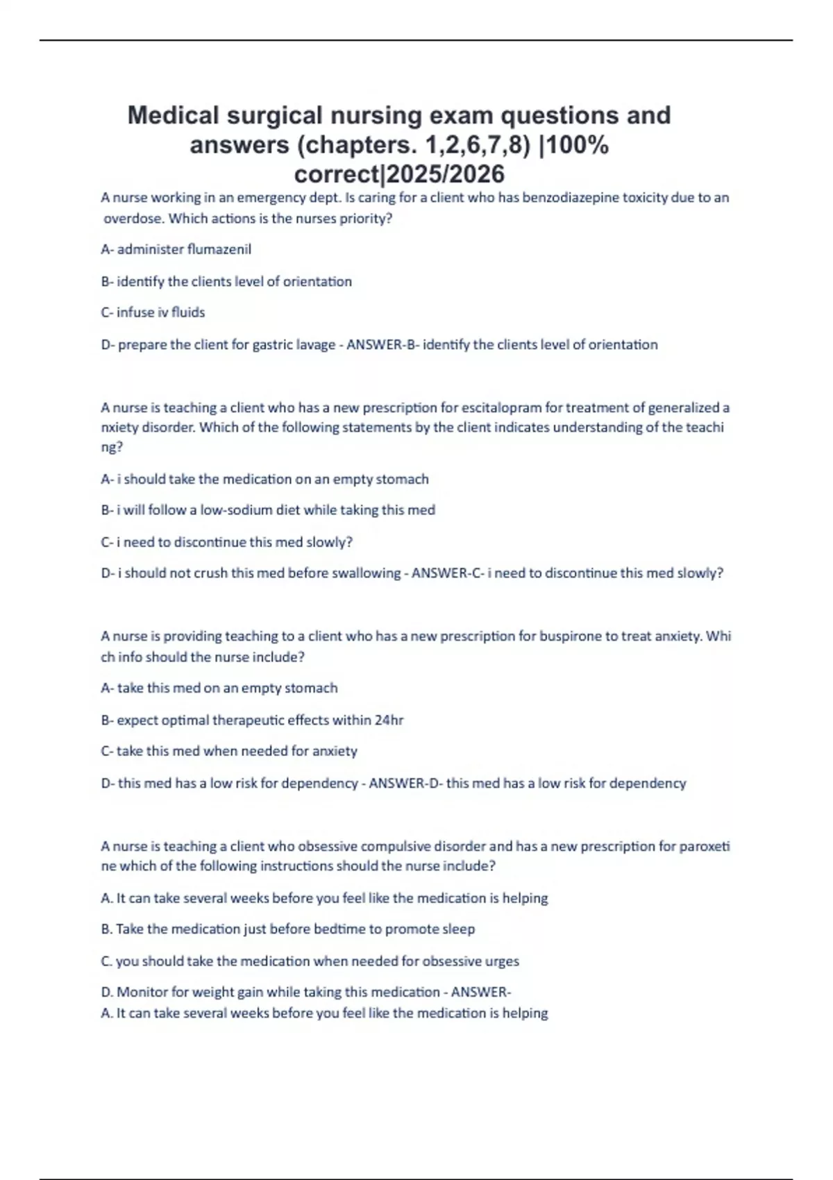 Medical surgical nursing exam questions and answers (chapters. 1,2,6,7 ...