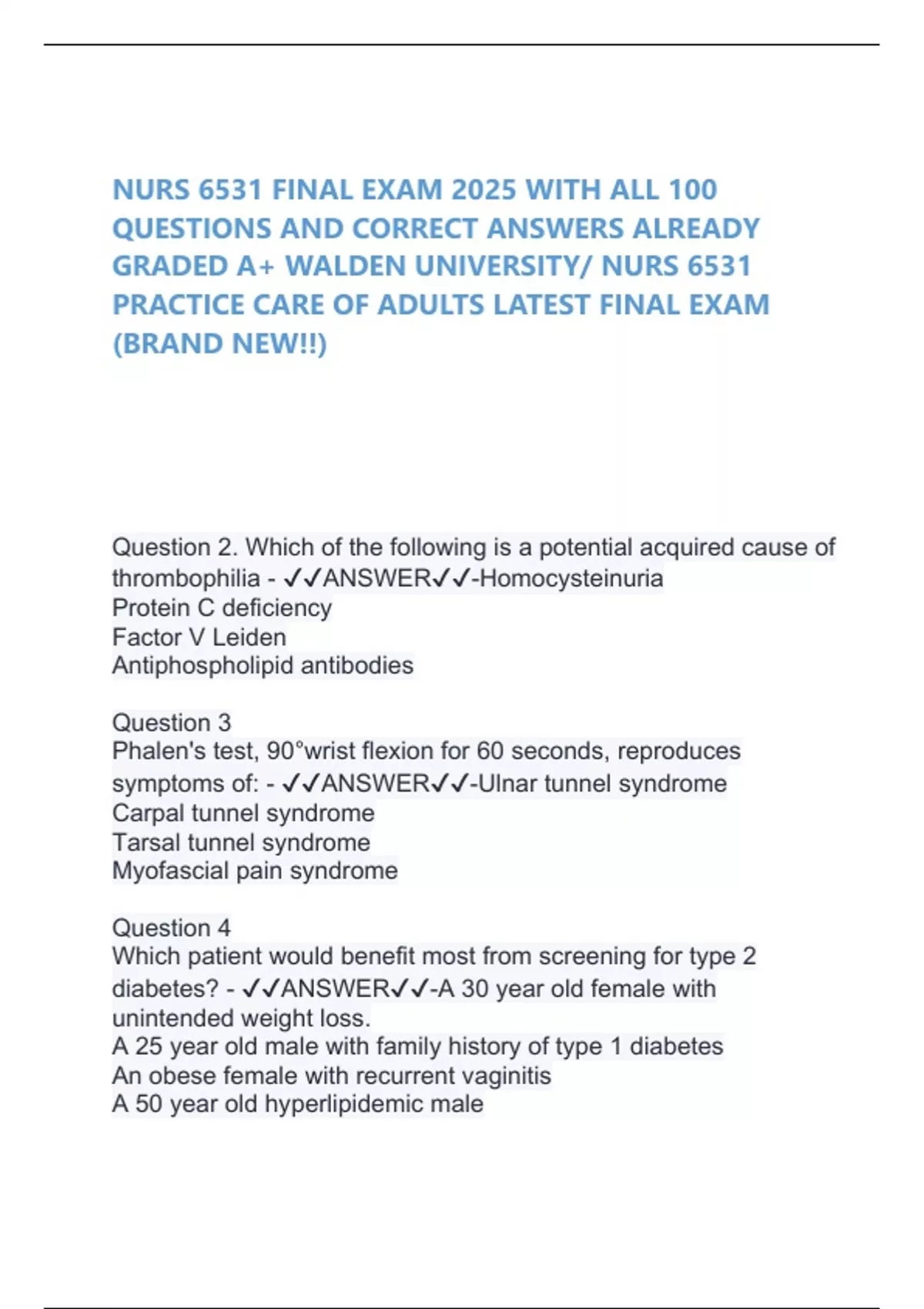NURS 6531 FINAL EXAM 2025 WITH ALL 100 QUESTIONS AND CORRECT ANSWERS ...