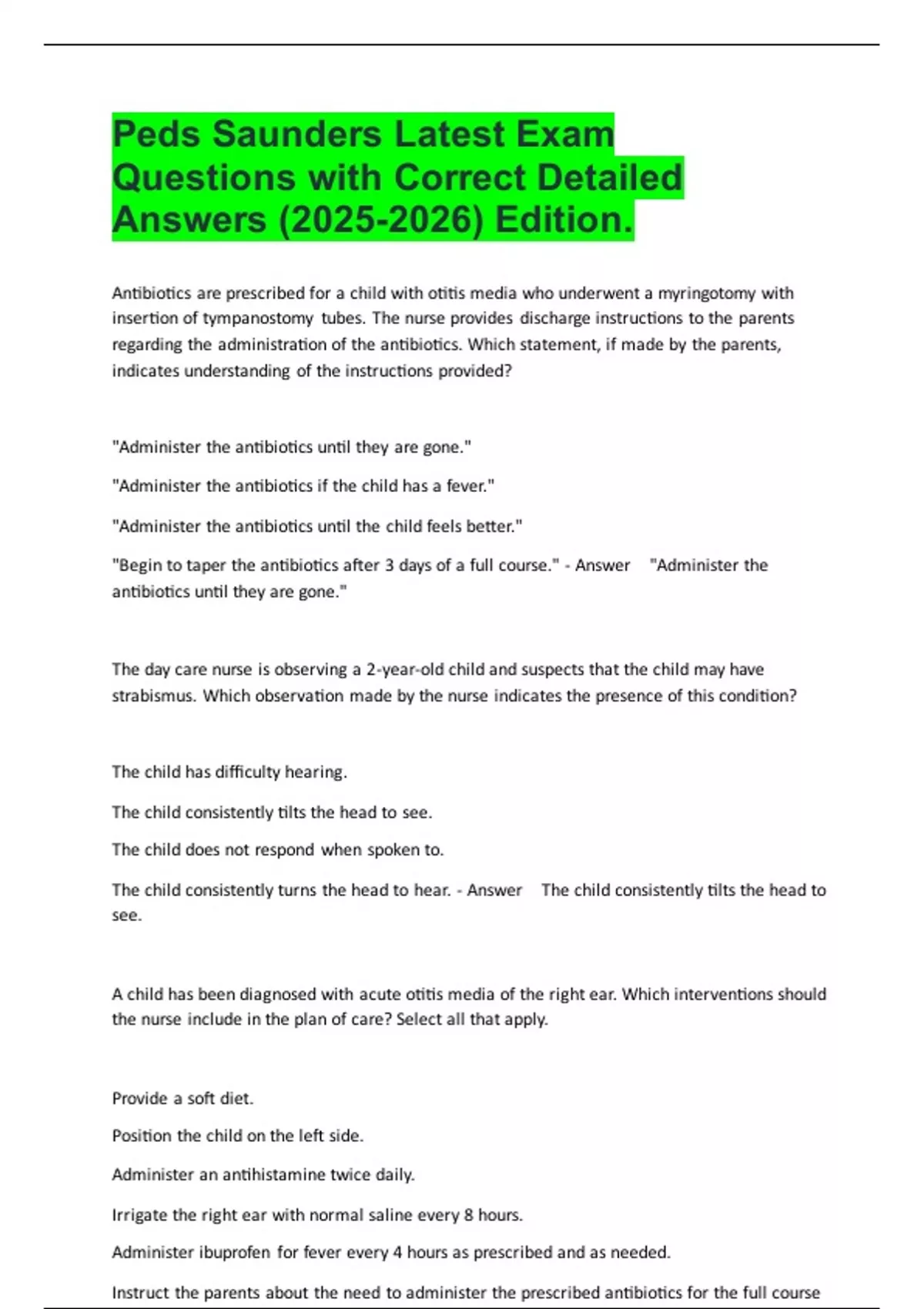 Saunders Sample Question Peds Saunders Latest Exam Questions with Correct Detailed Answers ...