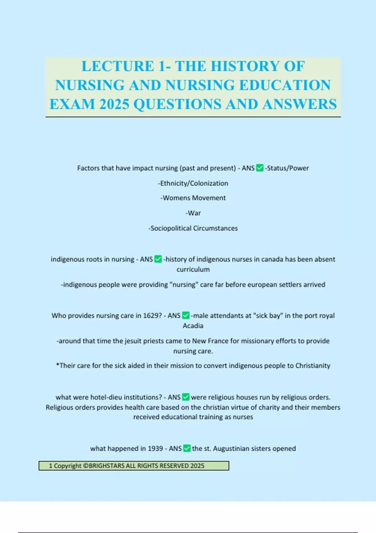 LECTURE 1- THE HISTORY OF NURSING AND NURSING EDUCATION EXAM 2025 ...