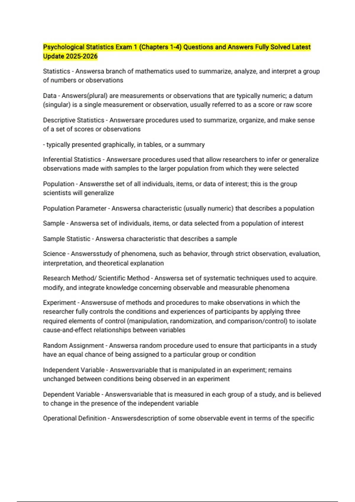 Psychological Statistics Exam 1 (Chapters 1-4) Questions and Answers ...