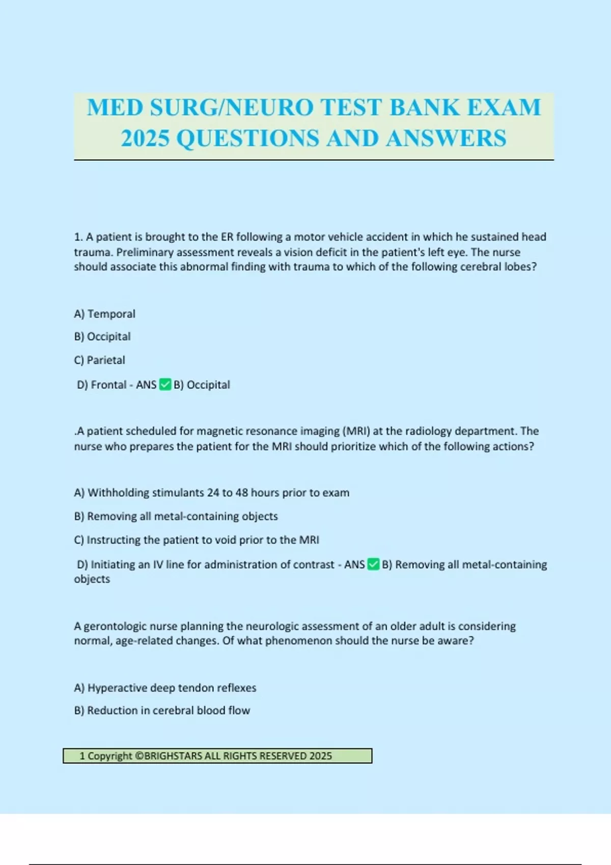 MED SURG/NEURO TEST BANK EXAM 2025 QUESTIONS AND ANSWERS - MED SURG ...