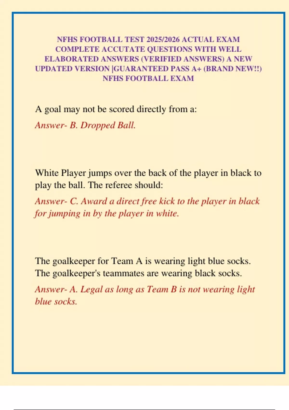 NFHS FOOTBALL TEST 2025/2026 ACTUAL EXAM COMPLETE ACCUTATE QUESTIONS ...