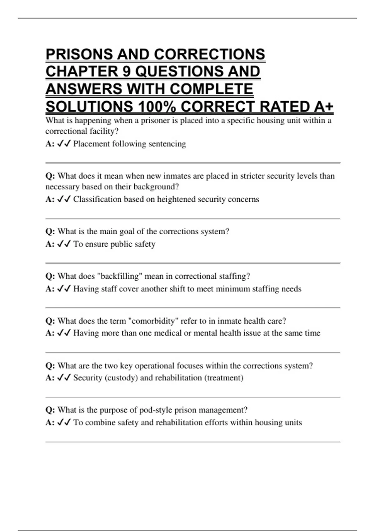 PRISONS AND CORRECTIONS CHAPTER 9 QUESTIONS AND ANSWERS WITH COMPLETE ...