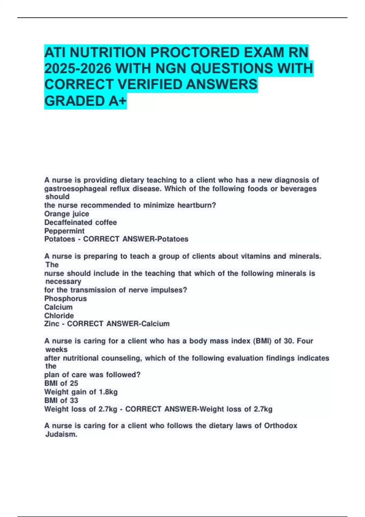 ATI NUTRITION PROCTORED EXAM RN WITH NGN QUESTIONS WITH CORRECT ...