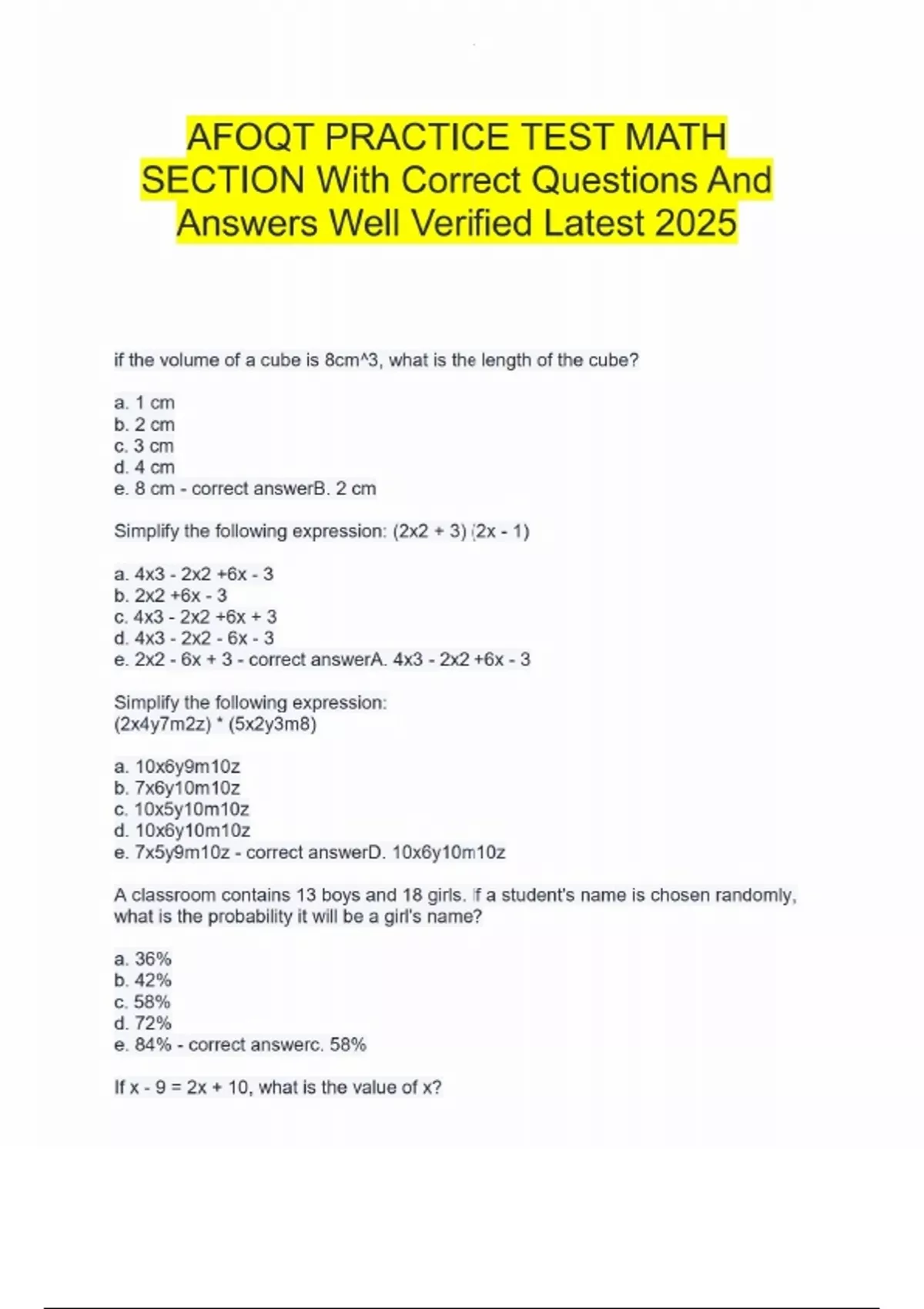 AFOQT PRACTICE TEST MATH SECTION With Correct Questions And Answers ...