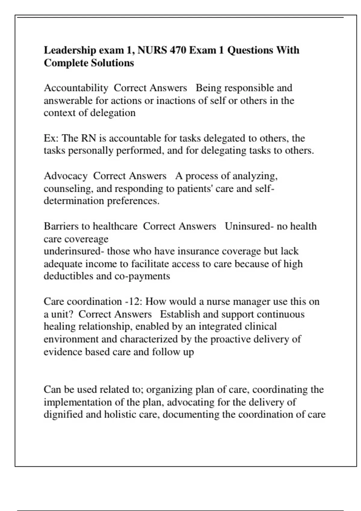 Leadership exam 1, NURS 470 Exam 1 Questions With Complete Solutions ...