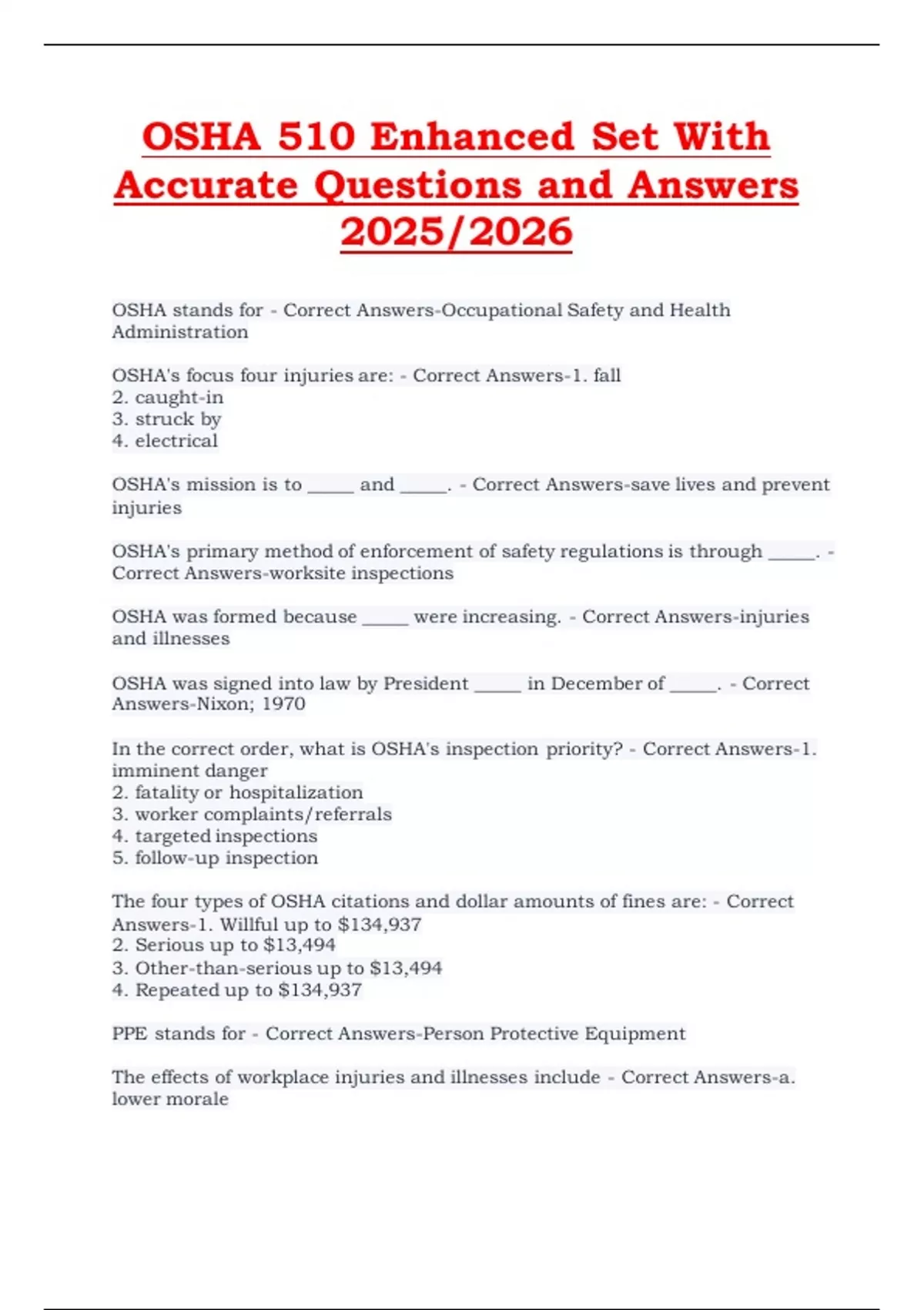 OSHA 510 – Enhanced Set with Accurate Questions and Answers 2025/2026 ...