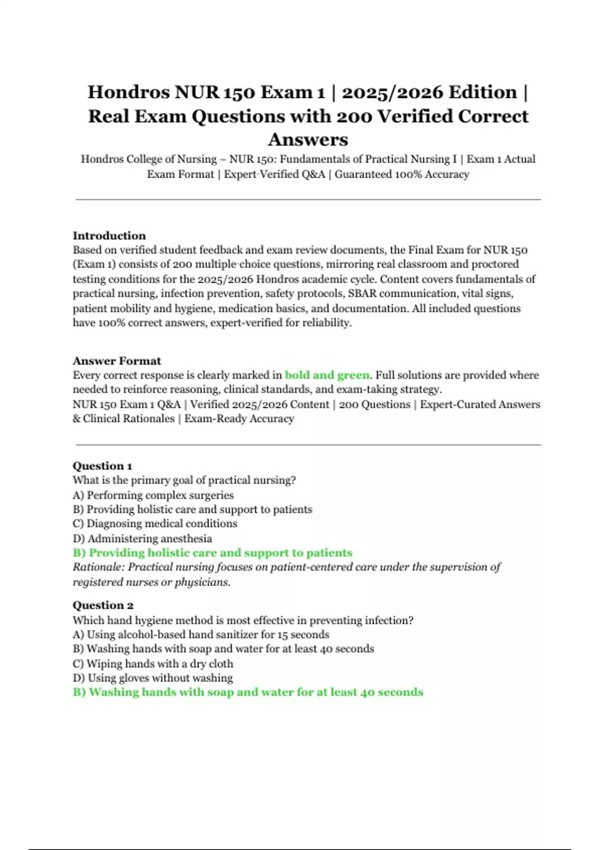 Hondros NUR 150 Exam 1 – 2025/2026 Edition – Real Exam Questions with ...