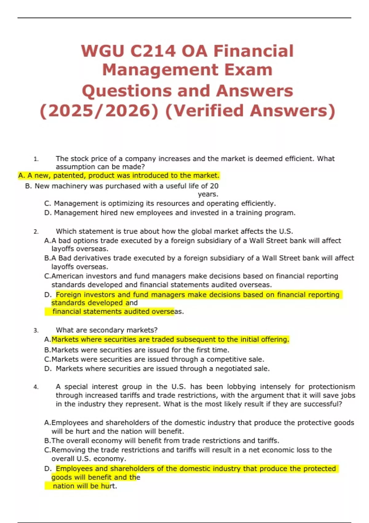 WGU C214 – Financial Management OA Exam Questions and Verified Answers ...