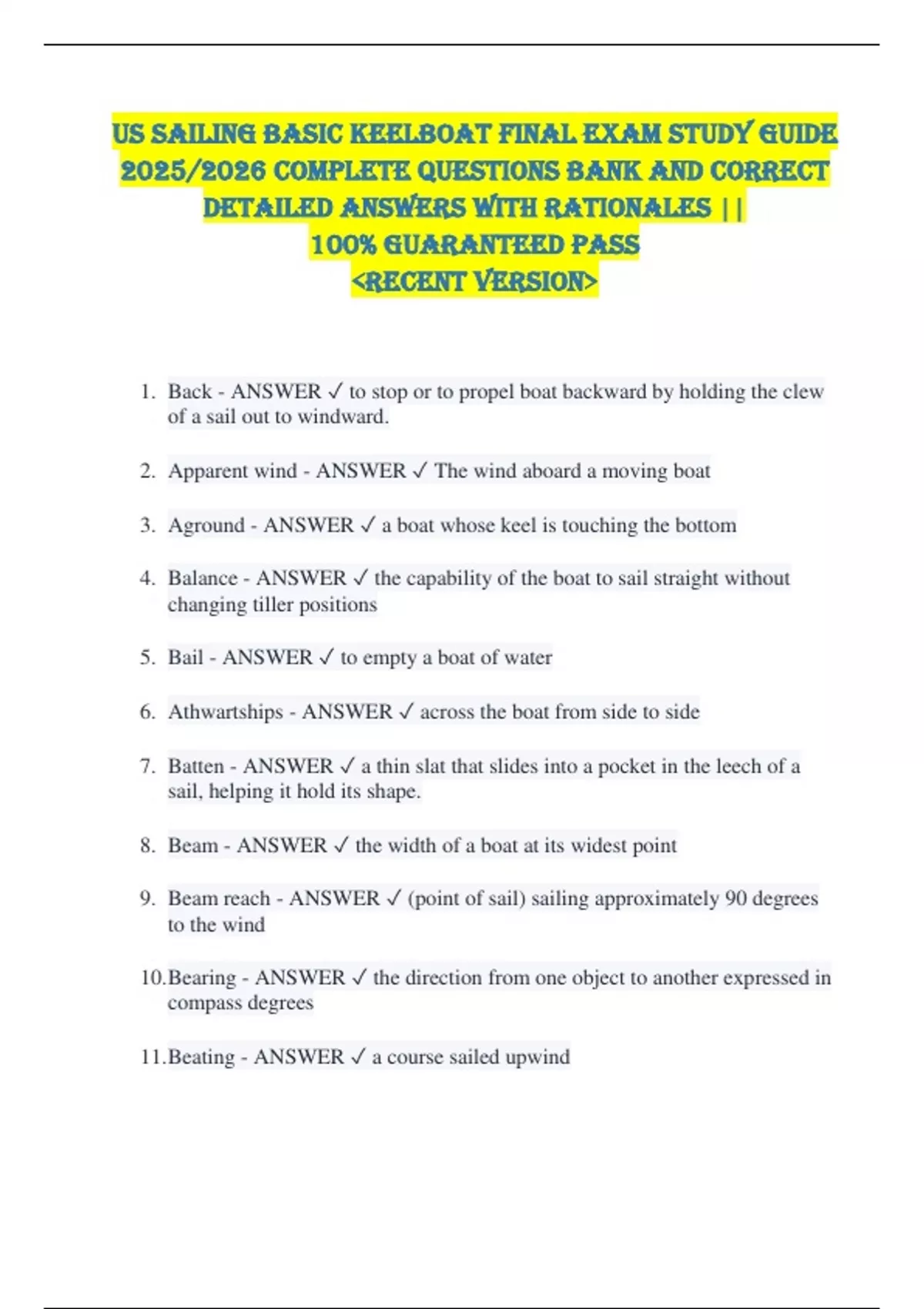 US Sailing Basic Keelboat FINAL EXAM STUDY GUIDE 2025/2026 COMPLETE ...