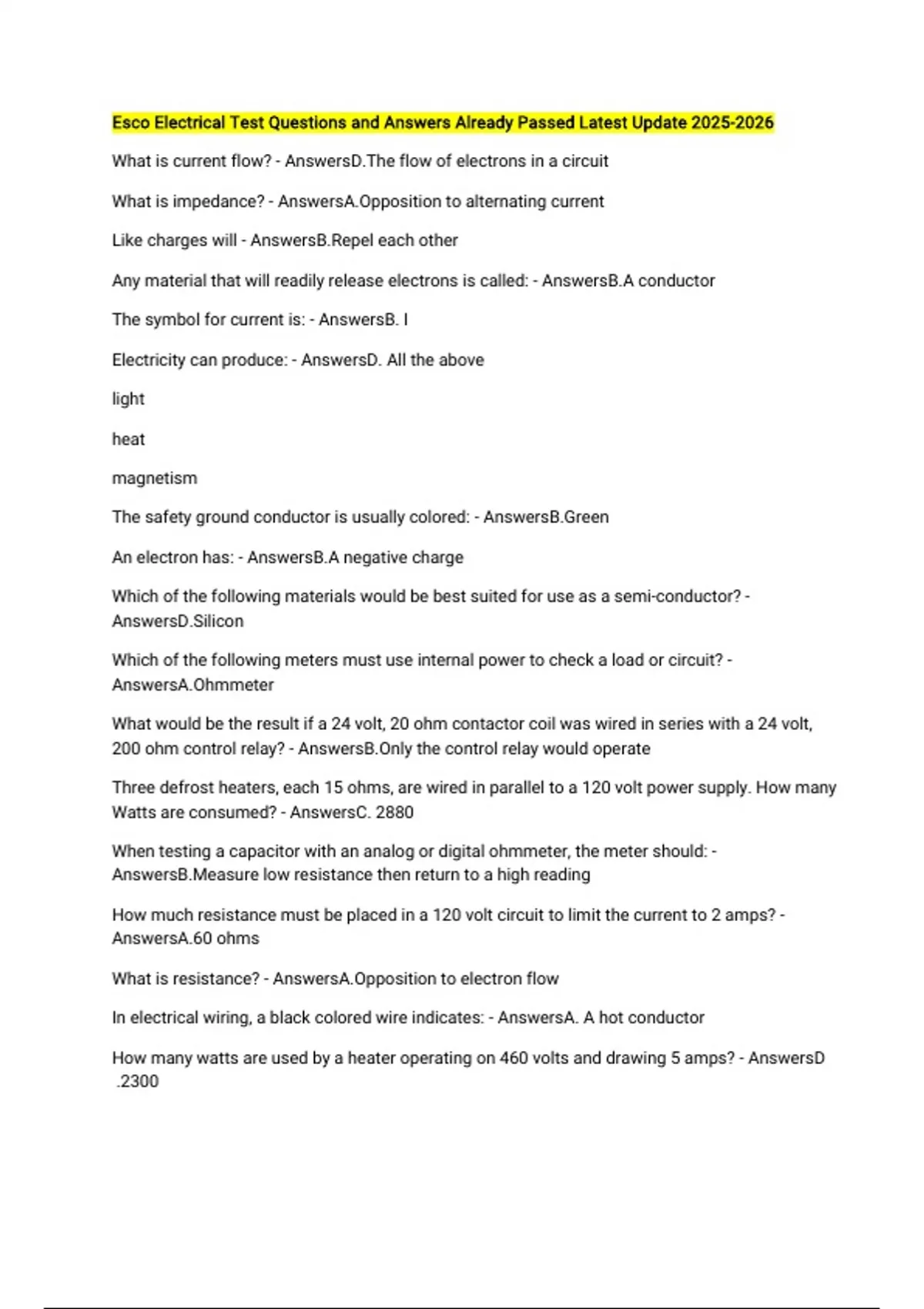 Esco Electrical Test Questions and Answers Already Passed Latest Update ...