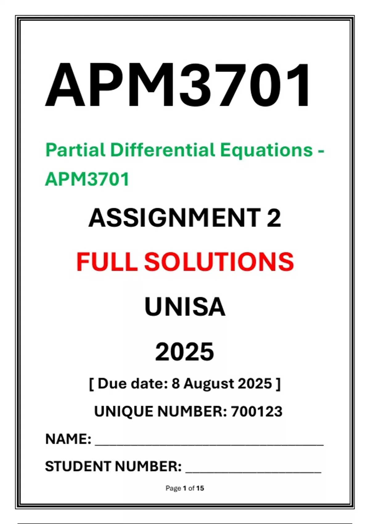 APM3701 Assignment 2 Complete Solutions UNISA 2025 Partial Differential ...