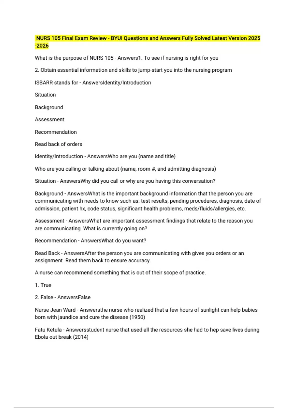 NURS 105 Final Exam Review - BYUI Questions and Answers Fully Solved ...