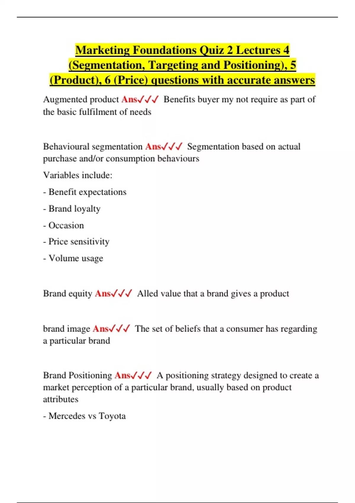Segmentation Questions Marketing Foundations Quiz 2 Lectures 4 (Segmentation, Targeting and ...