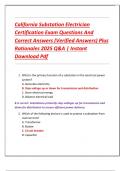 California Substation Electrician  Certification Exam Questions And  Correct Answers &lpar;Verified Answers&rpar; Plus  Rationales 2025 Q&A &vert; Instant  Download Pdf