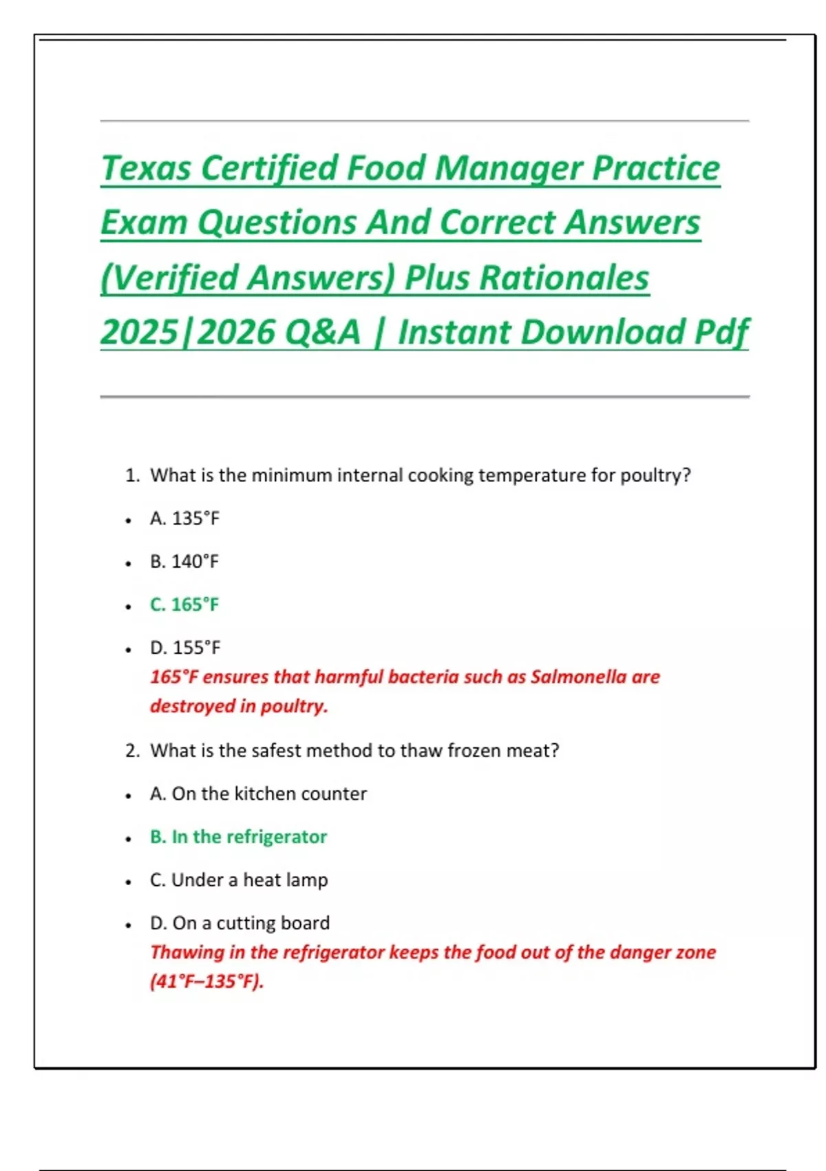 Texas Certified Food Manager Practice Exam Questions And Correct Answers (Verified Answers) Plus ...