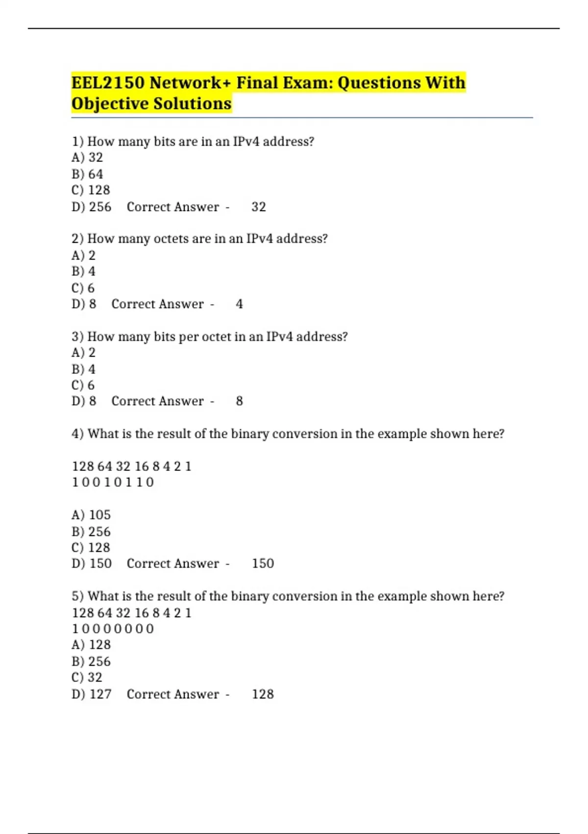 EEL2150 Network+ Final Exam: Questions With Objective Solutions ...