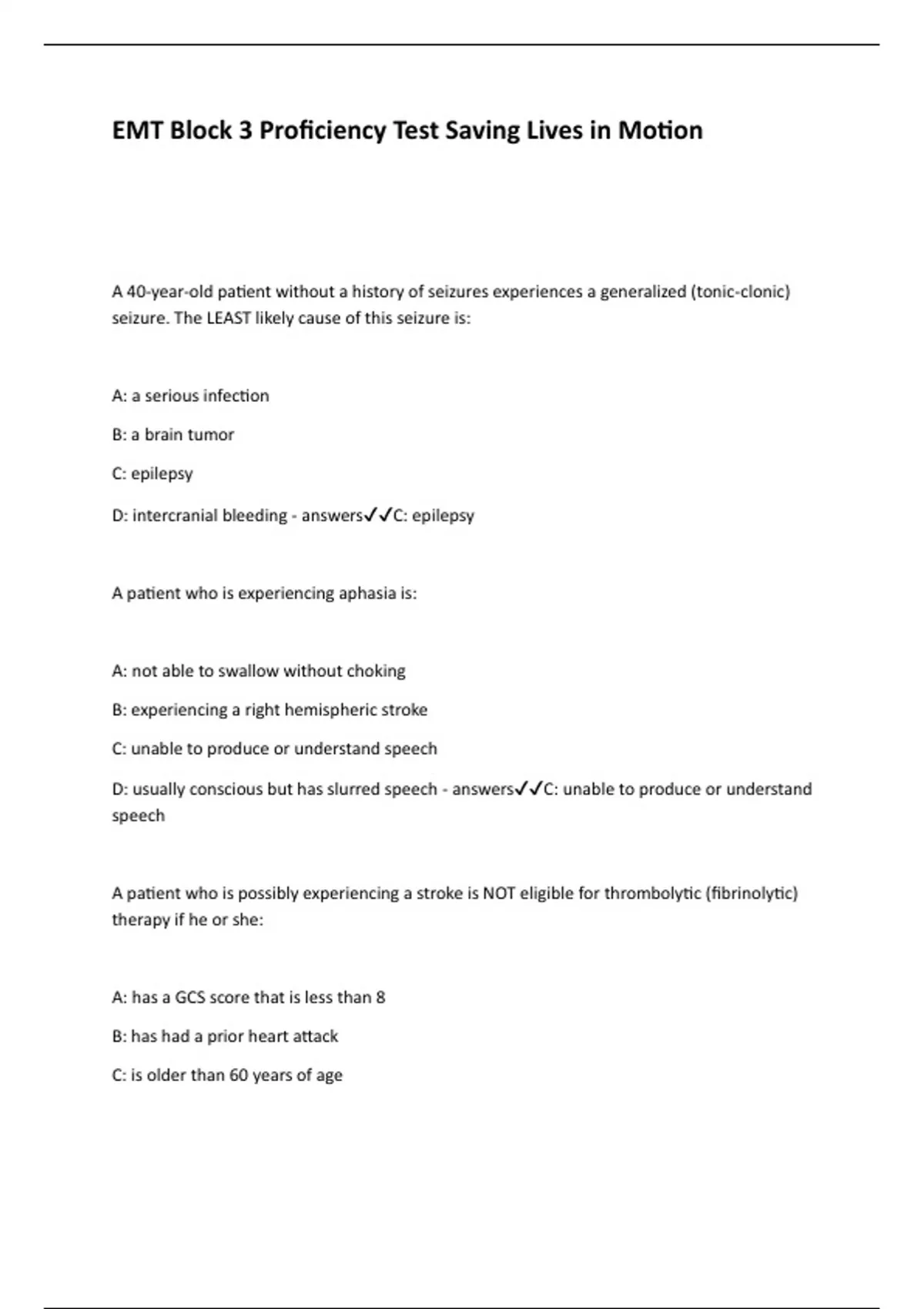 EMT Block 3 Proficiency Test Saving Lives in Motion - Emt -b - Stuvia US