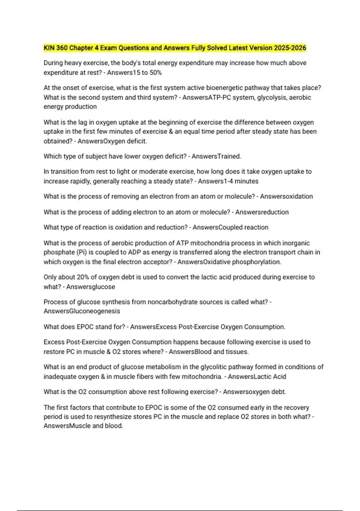 KIN 360 Chapter 4 Exam Questions and Answers Fully Solved Latest ...