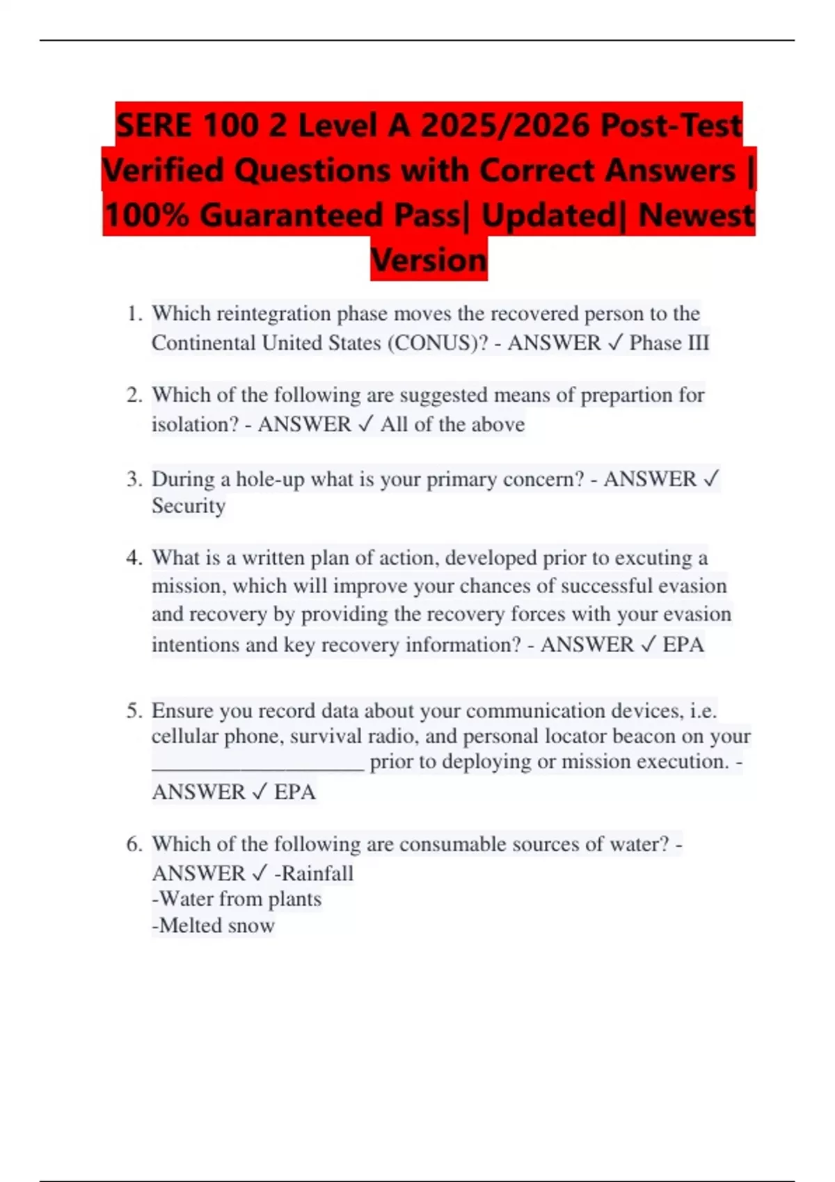 SERE 100 2 Level A 2025/2026 Post-Test Verified Questions with Correct Answers | 100% Guaranteed ...