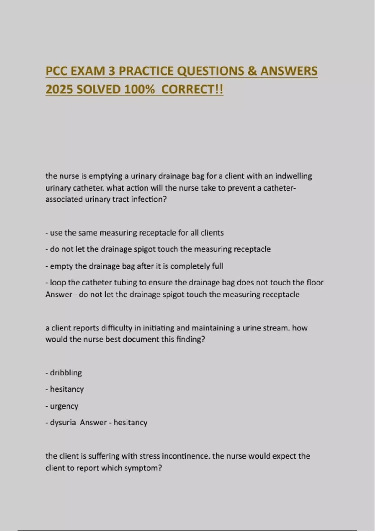 Pcc Question Examples PCC EXAM 3 PRACTICE QUESTIONS & ANSWERS 2025 SOLVED 100% CORRECT ...