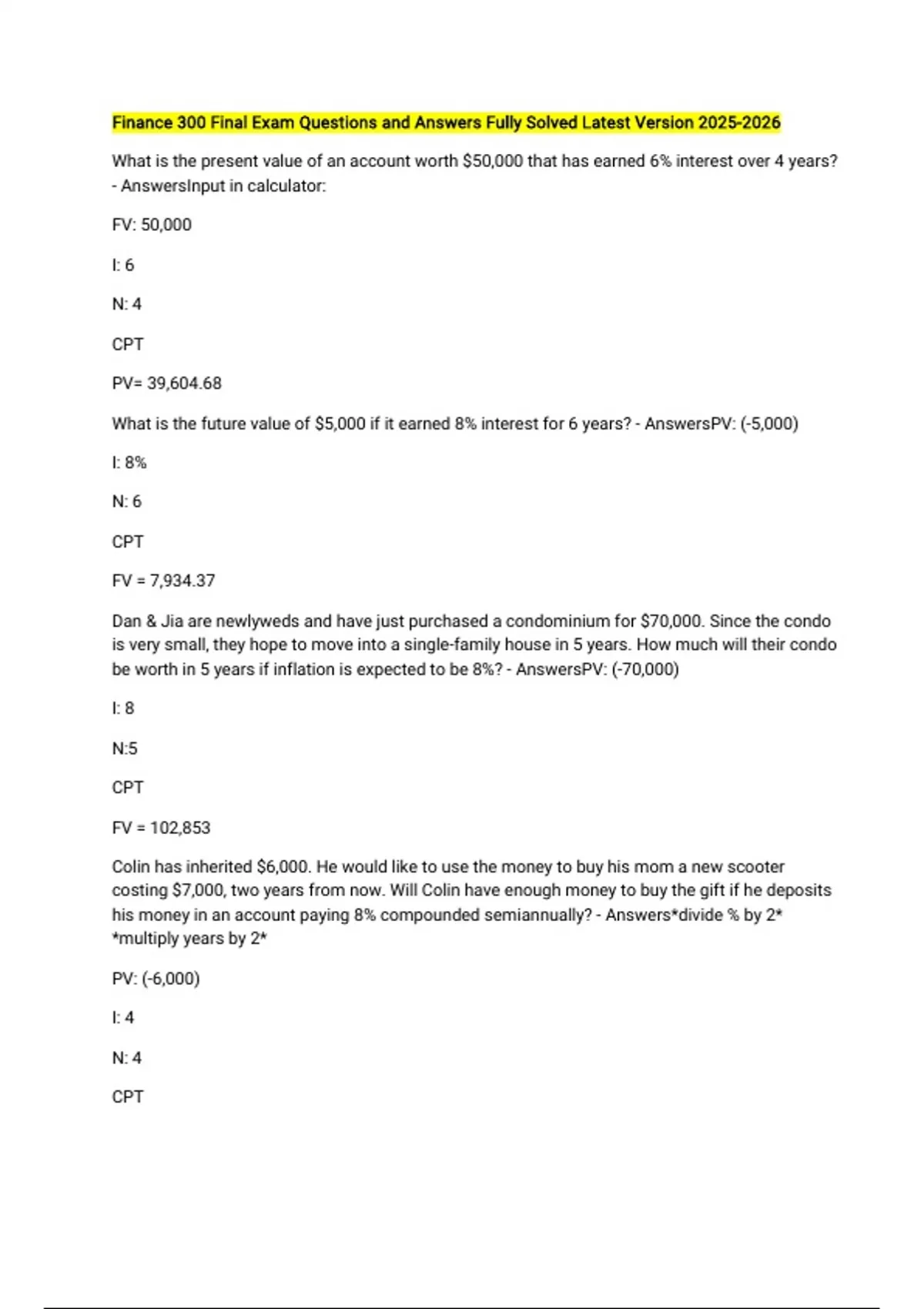 Finance 300 Final Exam Questions And Answers Fully Solved Latest