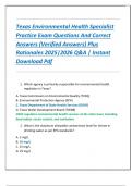 Texas Environmental Health Specialist  Practice Exam Questions And Correct  Answers &lpar;Verified Answers&rpar; Plus  Rationales 2025&vert;2026 Q&A &vert; Instant  Download Pdf