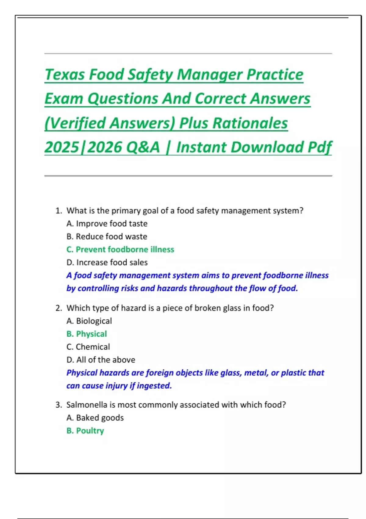 Texas Food Safety Manager Practice Exam Questions And Correct Answers ...