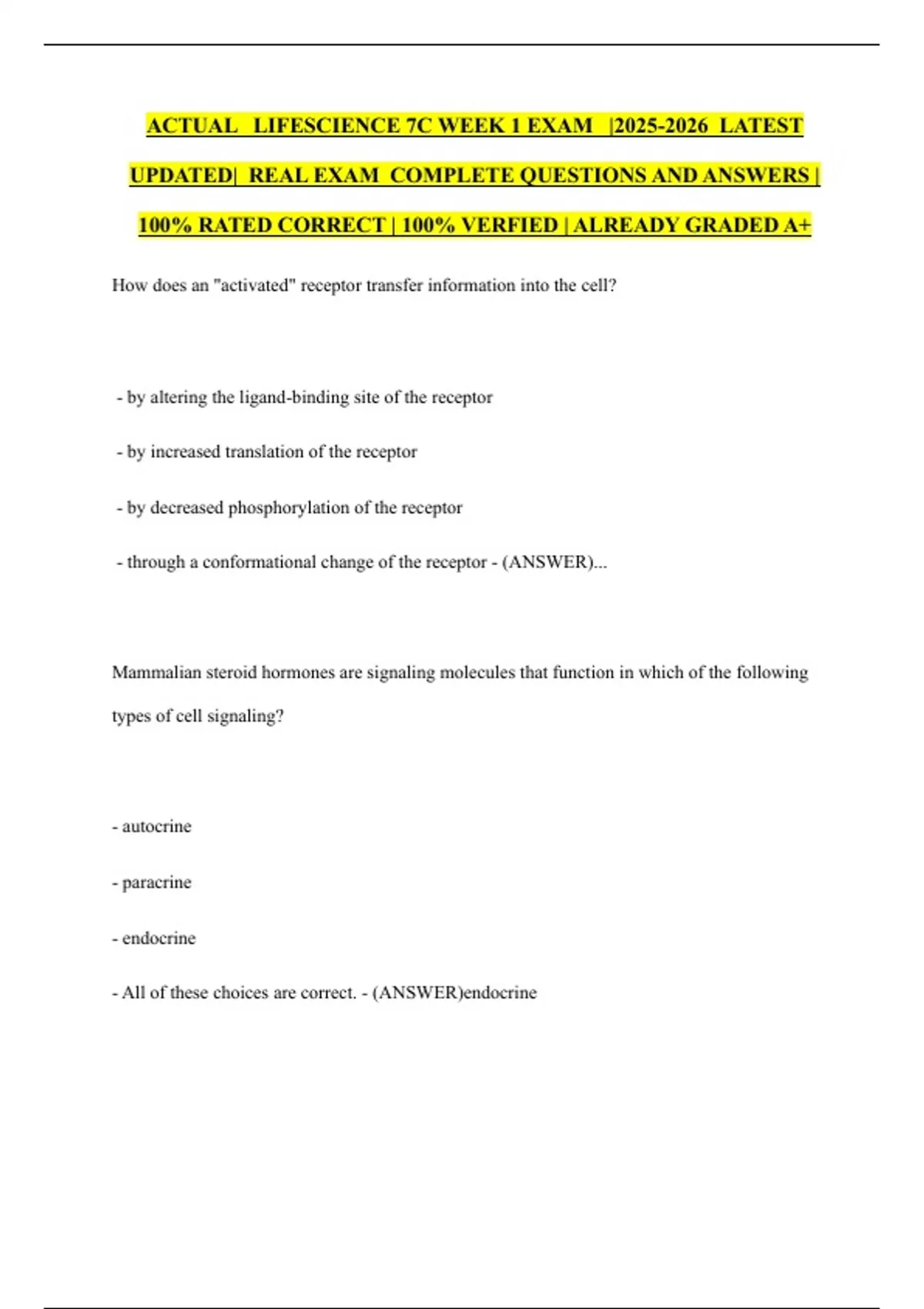 ACTUAL LIFESCIENCE 7C WEEK 1 EXAM | LATEST UPDATED| REAL EXAM COMPLETE ...