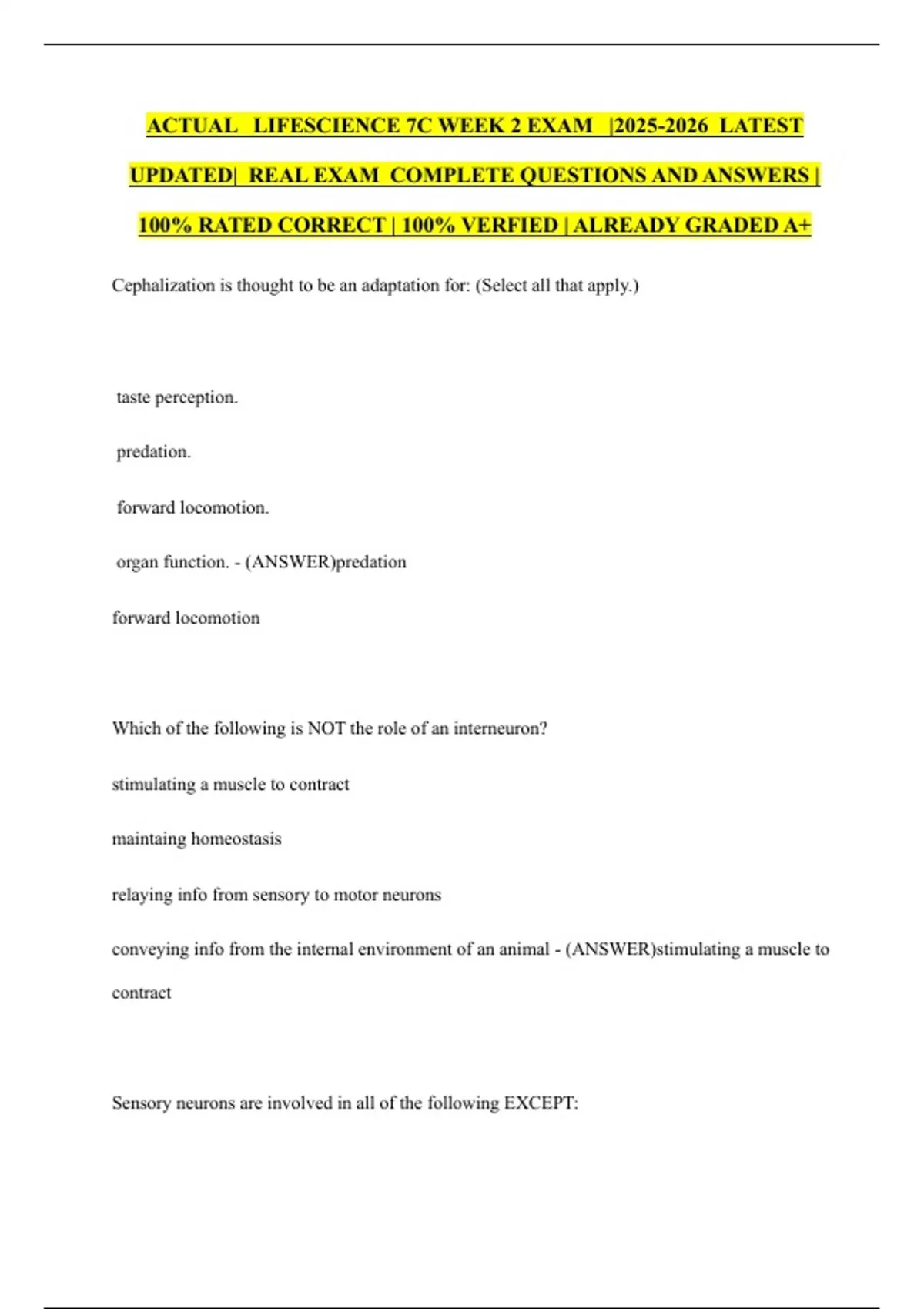 ACTUAL LIFESCIENCE 7C WEEK 2 EXAM | LATEST UPDATED| REAL EXAM COMPLETE ...